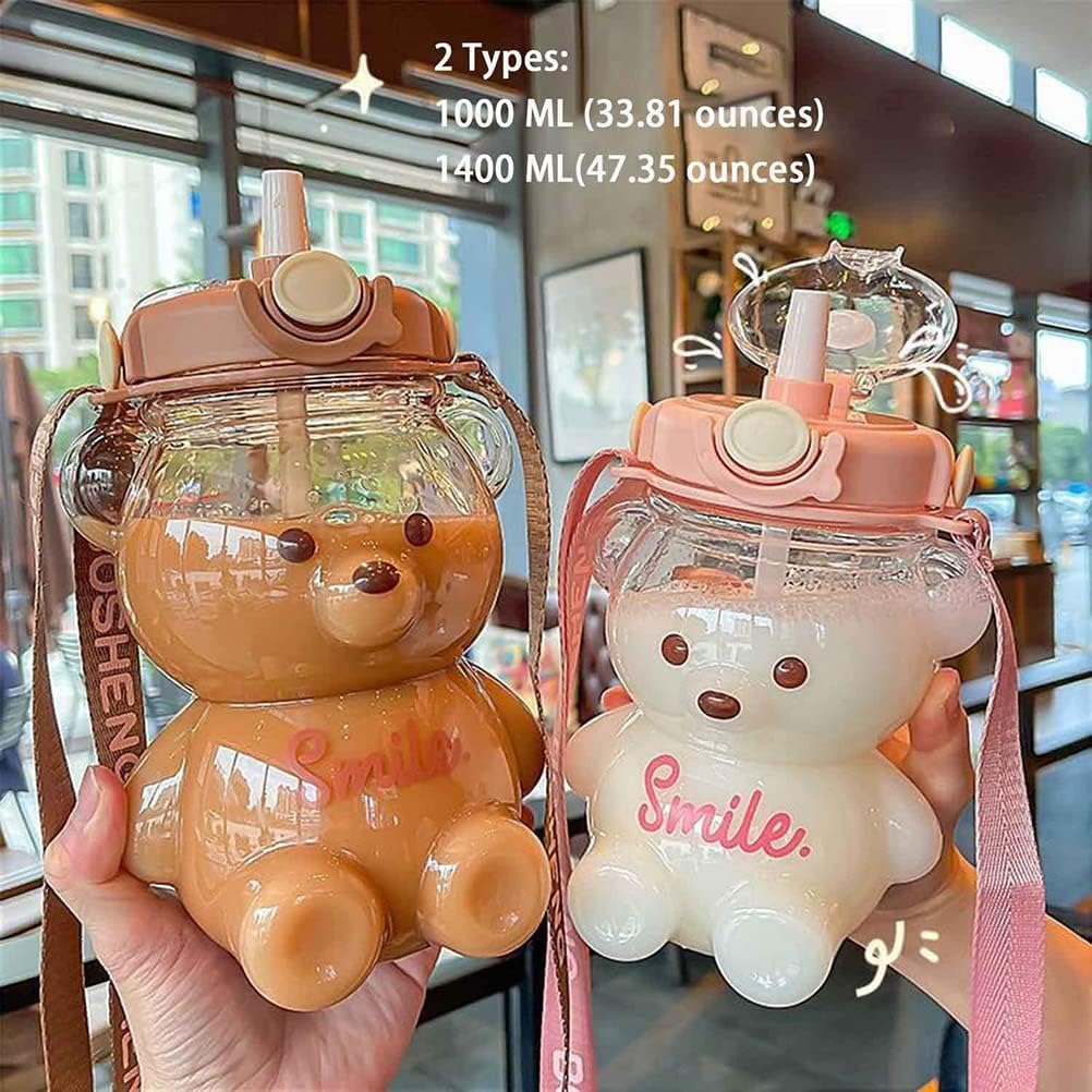 HUSHUI Kawaii Bär Strohflasche, tragbare Wasserflasche in Bärenform mit Strohhalm und Trageschlaufe,