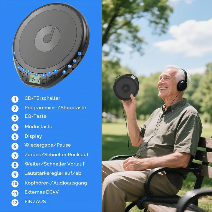 CD Player Tragbar: KOVCDVI Tragbarer CD-Player mit LCD-Display, Unterstützt CD-R/CD-RW/MP3-Wiedergab