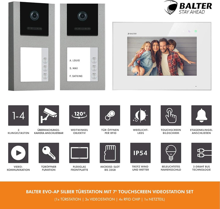 Balter EVO Grau Video Türklingel mit Kamera und RFID Chip für 3 FAM Haustür, 2 Draht Kabel Doorbell