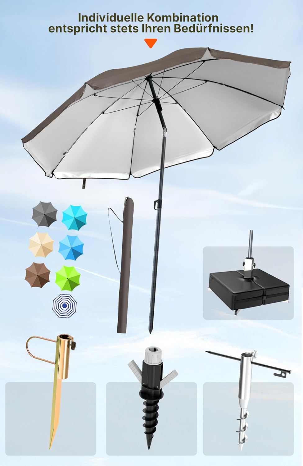 4smile Sonnenschirm-Set für Strand, Balkon und Garten, Anthrazit - UPF 50+ Balkonschirm SunnyJoy, Ø