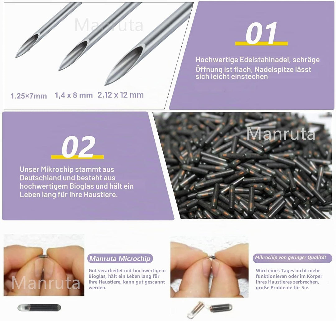 Manruta 20 Stück ISO Haustier-ID Mikrochip-Tags Universal Standard 134,2 kHz FDX-B kleinere Grösse 8