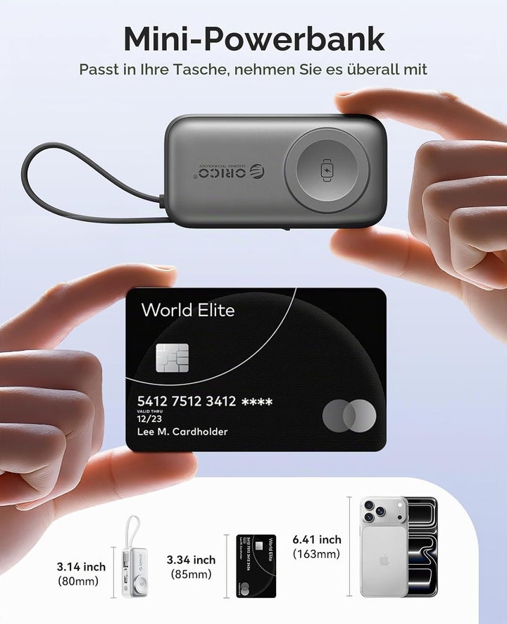 ORICO Mini Powerbank 5000mAh, PD 22,5W Externe Handyakkus mit Klappbarem USB-C Stecker &amp; USB-C Kabel