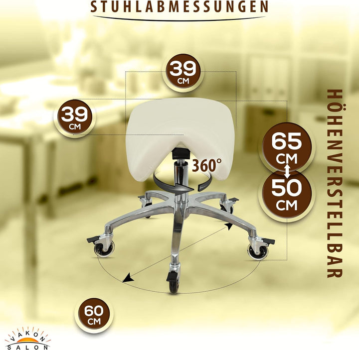 VAKON SALON - Sattelhocker mit Neigung Weiss, Sattelstuhl, Rollhocker höhenverstellbar von 50-65 cm,