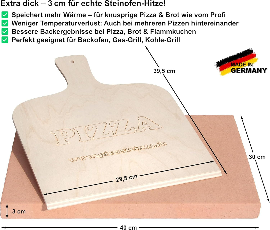 PIZZASTEIN - BROTBACKSTEIN Set, extra dicker lebensmittelechter Schamottestein eckig 40 x 30 x 3 cm