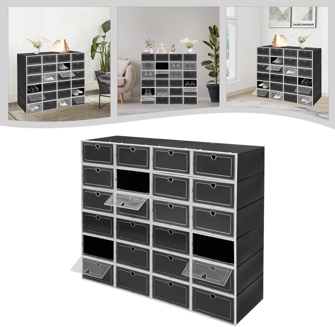 24er-Set Schwarz Transparent Schuhboxen Stapelbar Schuhaufbewahrung mit Durchsichtiger Tür Faltbar S
