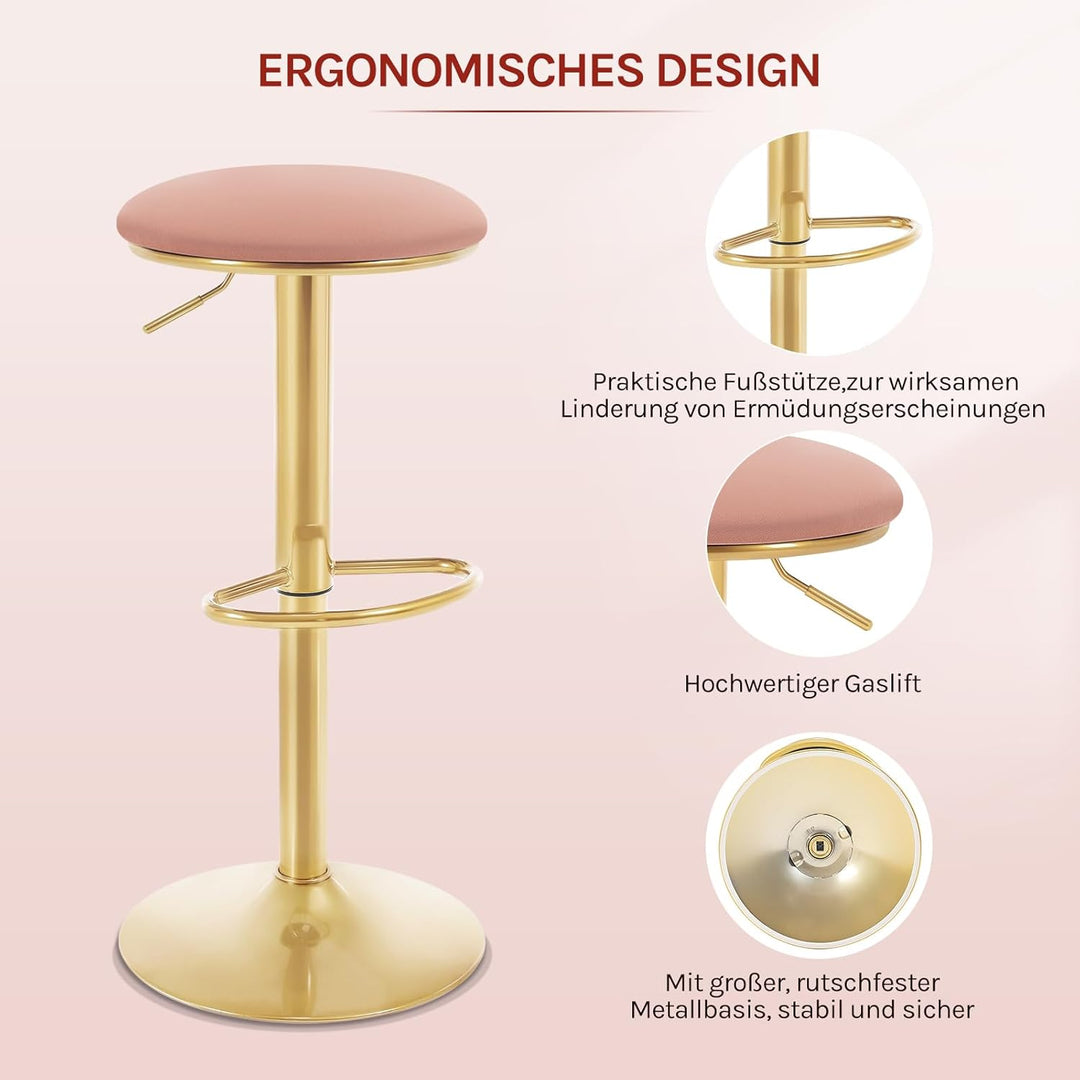WOLTU Barhocker 2er Set, 60-80,5 cm Höhenverstellbar, Samt, Rosa | Ergonomischer Barstuhl, mit Fusss
