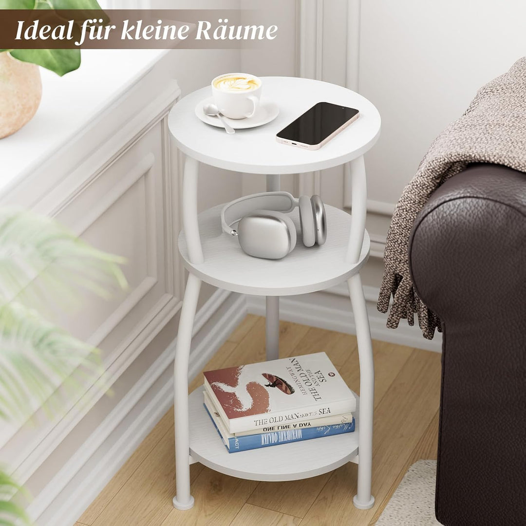 Beistelltisch rund, Kleiner Runder Tisch 3 Ebenen, Couchtisch klein mit Aufbewahrung, Nachttisch, Ka