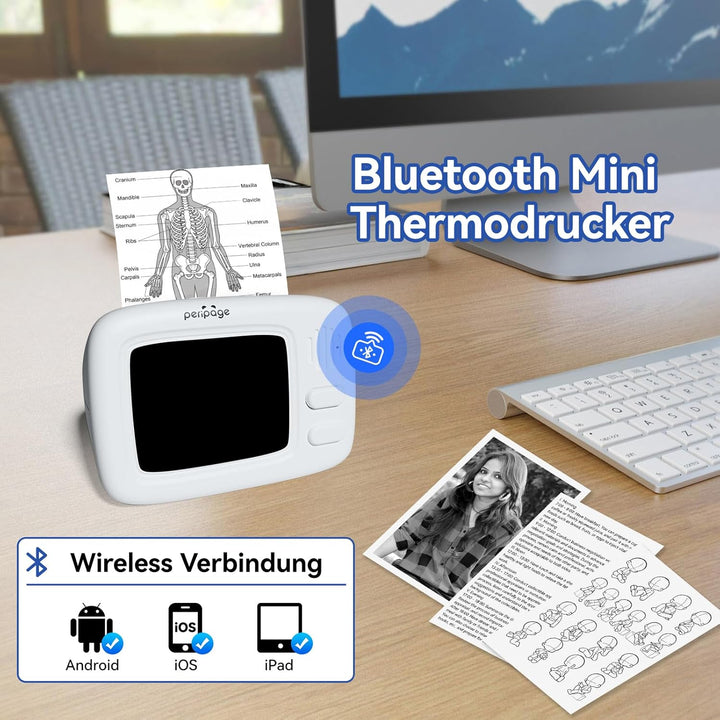 PeriPage Mini Aufkleber Thermodrucker, Tragbarer Mini Bluetooth Drucker, Taschen Thermodrucker für D