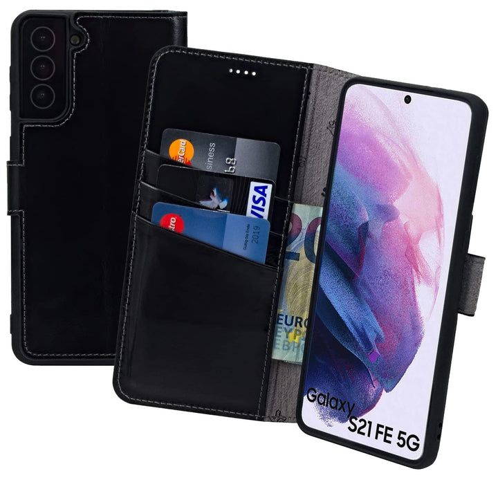 Suncase Book-Style Hülle kompatibel mit Samsung Galaxy S21 FE 5G Leder Tasche (Slim-Fit) Lederhülle