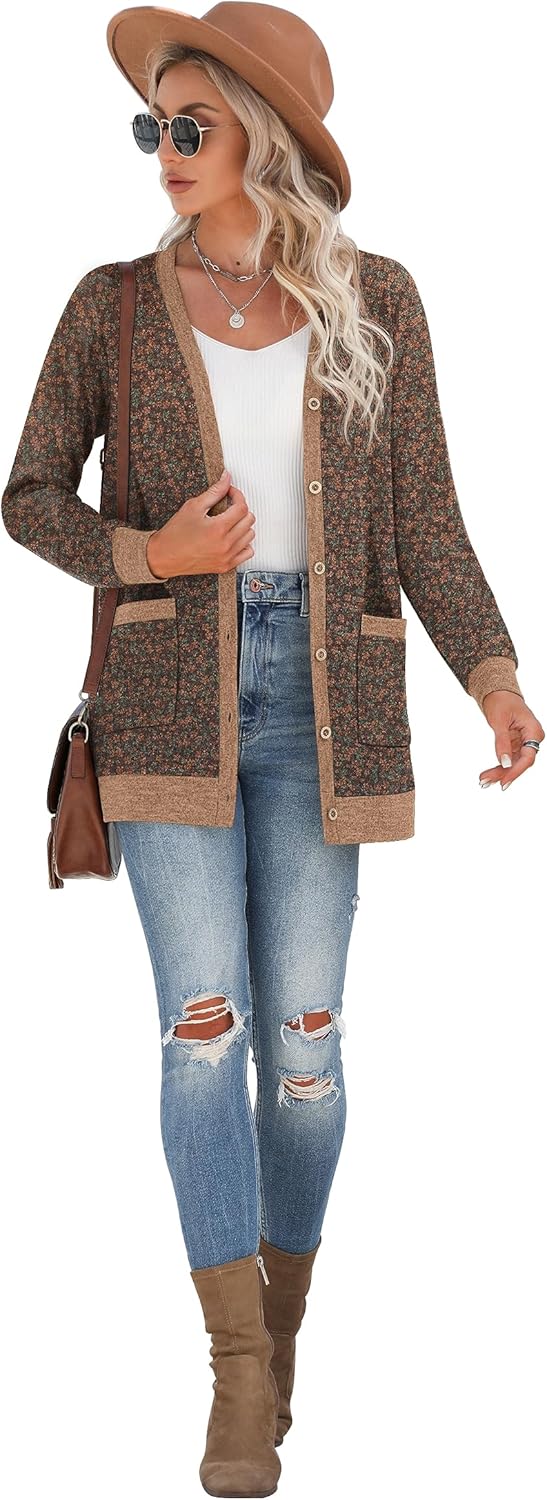 GRECERELLE Damen Lang Strickjacke Herbst Leichte mit Taschen und Knöpfen Weiche Long Elegant Gerippt