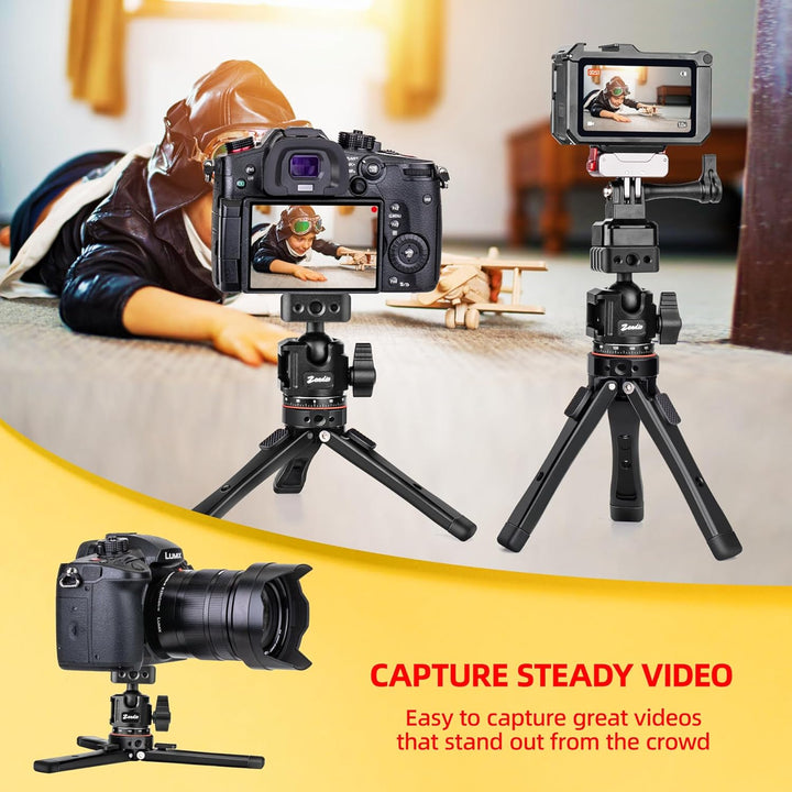 Zeadio Robustes Stativ-Set, 1/4" Adapter Stativgewinde, mit Handyhalter und Action-Cam-Adapter für i
