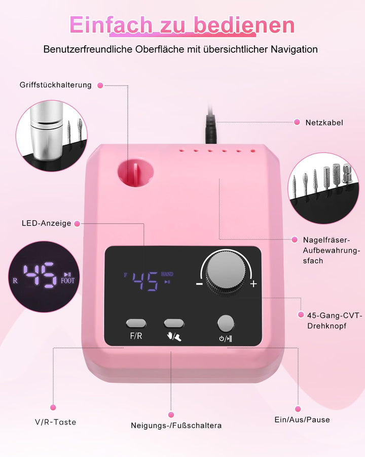 CozyZen Elektrische Nagelfräser Professional: 45000 U/min Nagelpflege-Kit mit LCD-Display, Hand- &amp; F
