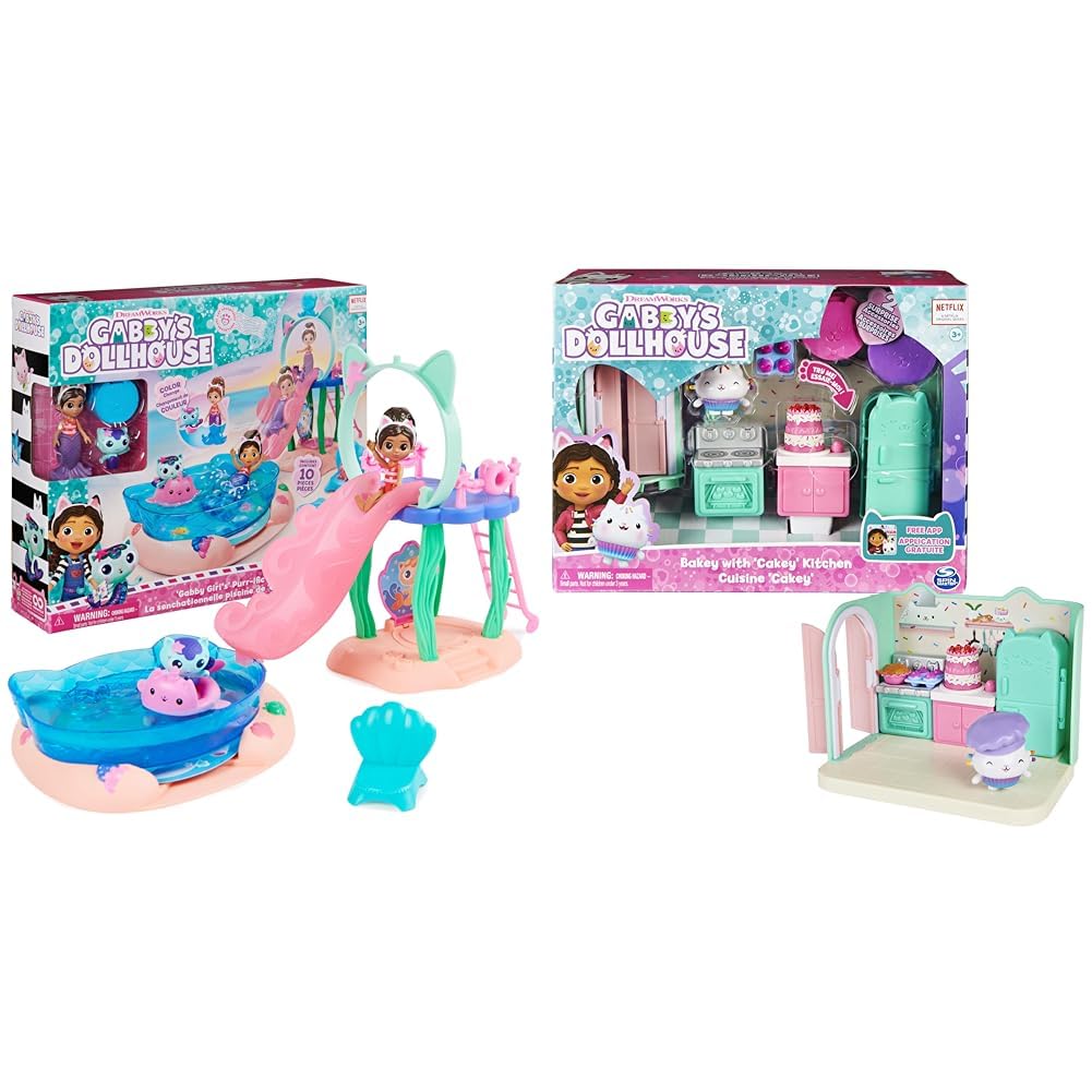 Gabby’s Dollhouse, Purrific Pool Party Spielset mit Gabby- und Meerkätzchen-Figur & Deluxe Raum, Bak