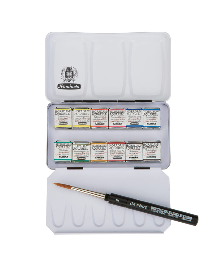 Schmincke – HORADAM AQUARELL kompakter Farbkasten mit 12 feinsten Aquarellfarben, 1 daVinci Pinsel,
