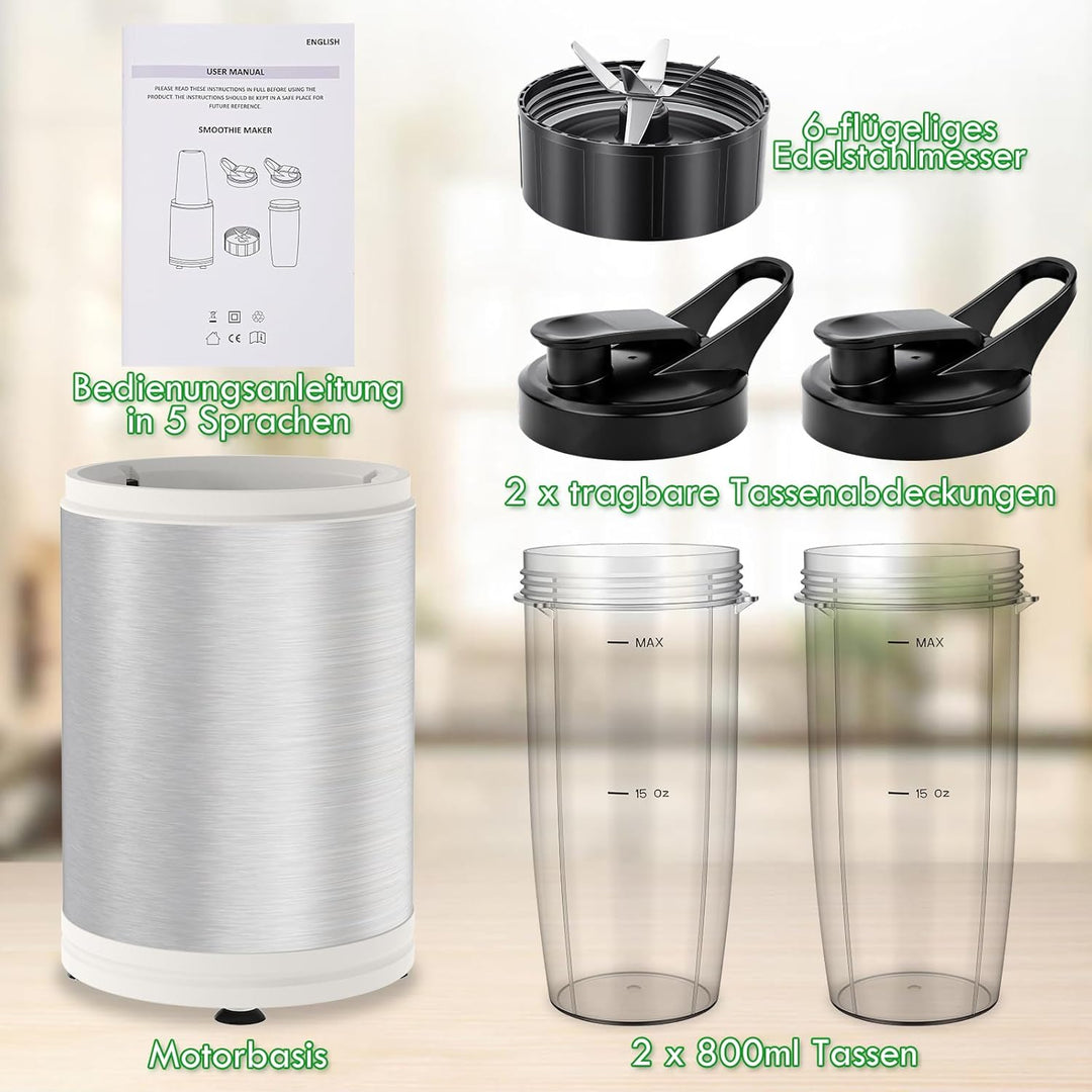 Tragbarer Mixer Smoothie Maker, 1200W Mini Smoothie Maker & Standmixer, 2 x 800ml Tragbare Mixbecher