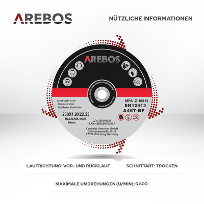 Arebos Trennscheiben Ø 230 mm, 25 Stück | geeignet für Stahl, Edelstahl, Inox, Eisen, Blech, Metall