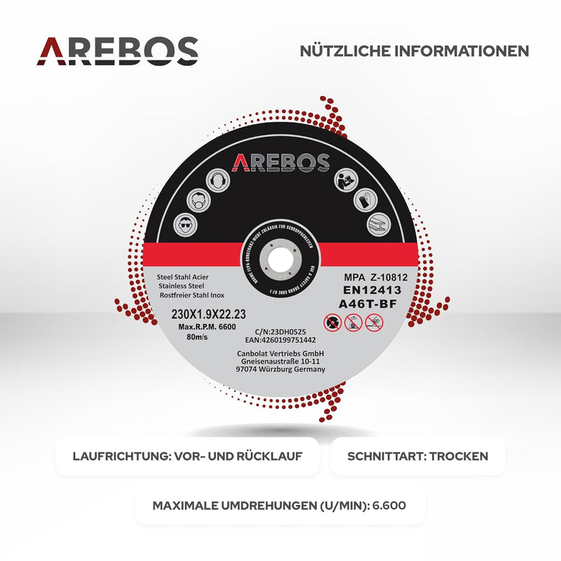 Arebos Trennscheiben Ø 230 mm, 25 Stück | geeignet für Stahl, Edelstahl, Inox, Eisen, Blech, Metall
