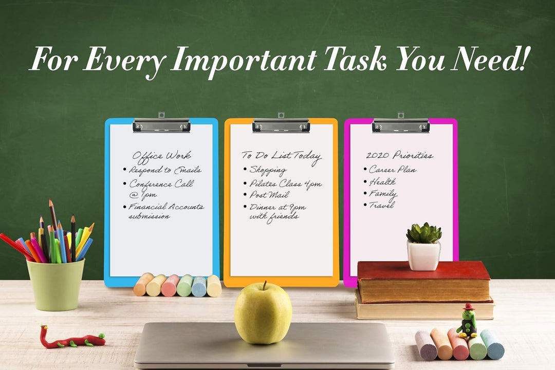 6 Coloured Plastic Clipboards | Strong 12.5 x 9 Inch (A4 Size) Multi Pack Clipboard | Holds 100 Shee