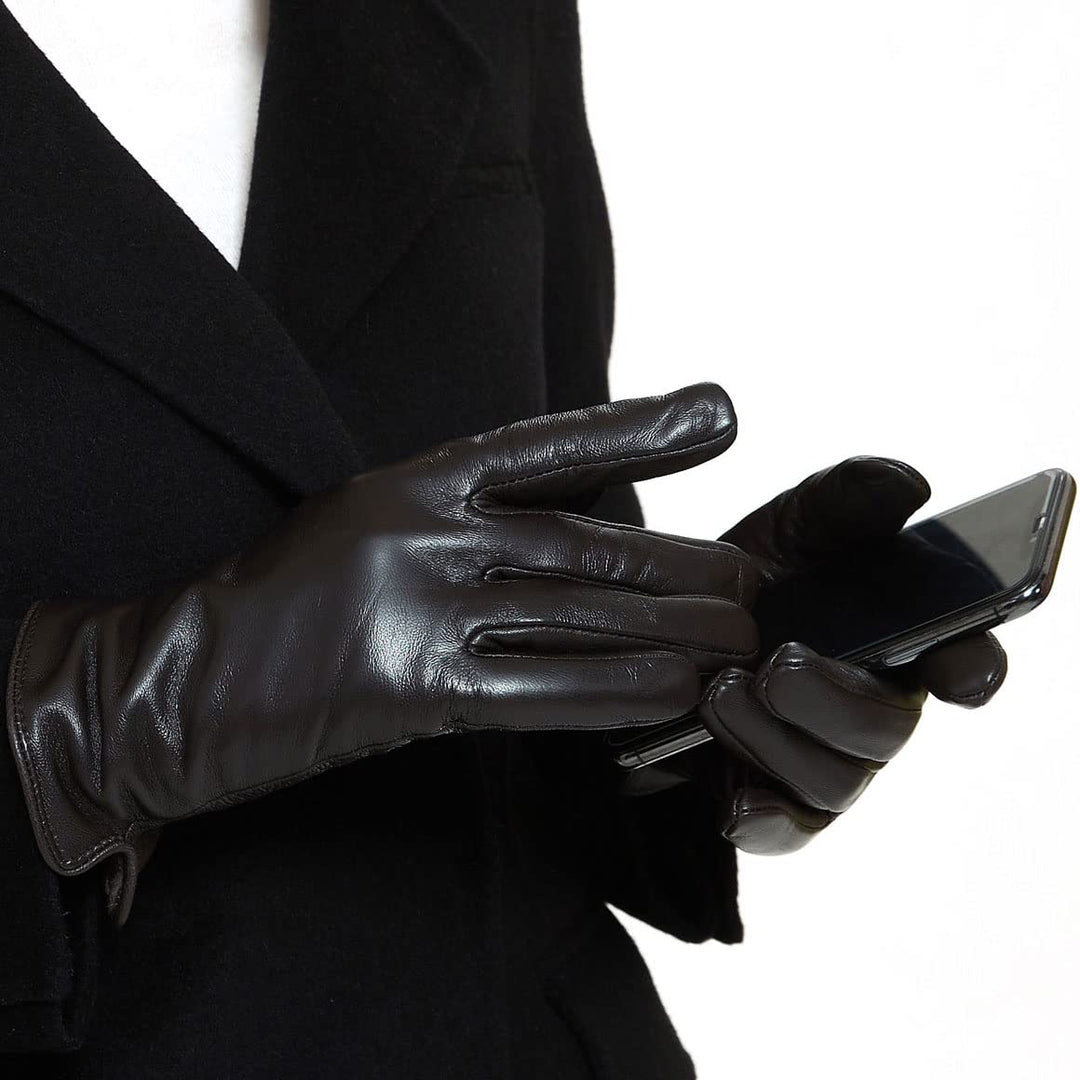 ZLUXURQ Damen Weiche Echte Lammfell Leder Touchscreen Winter Fahrhandschuhe Kaschmir gefüttert X-Lar
