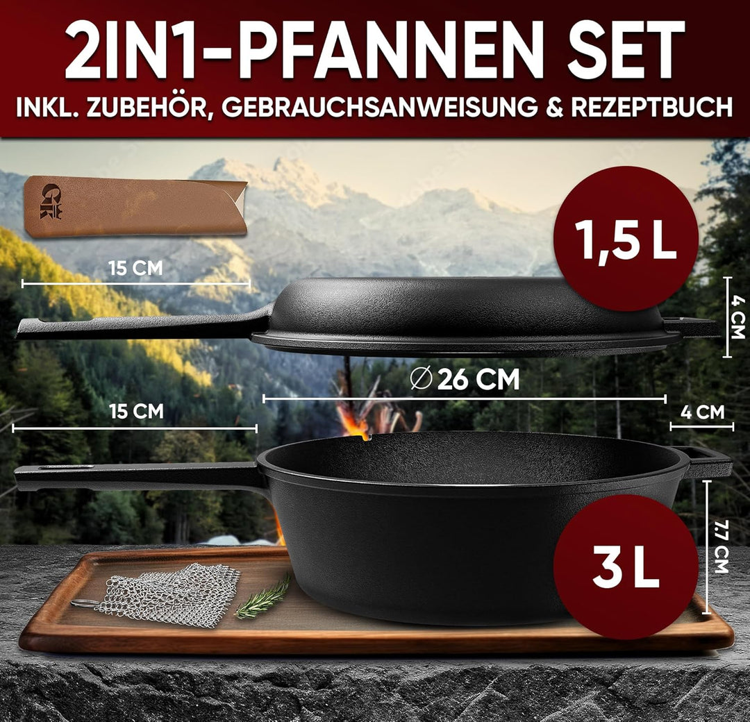 GUSSKÖNIG Dutch Oven - 2 in 1 Eingebrannter Gusseisen Topf 3L & Gusspfanne 1,5L - Cast Iron Pot mit
