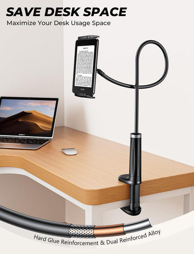 Tryone Schwanenhals Tablet Halterung Bett: Tablet Halter 360°Drehbarer Sockel mit 2 Clips Handyhalte
