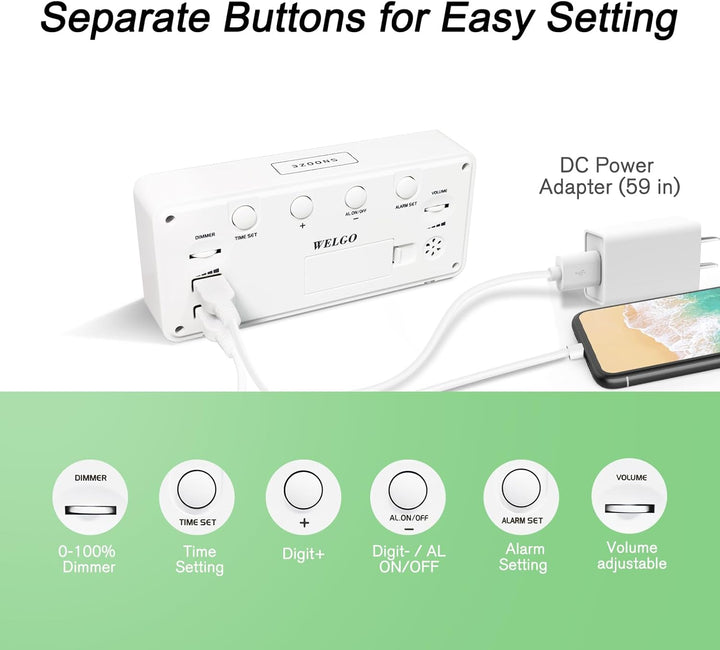 Welgo Digitaler LED-Wecker, Regenbogenfarben, 0–100 % Dimmer, USB-Ladeanschluss, grosse Zahl, kräfti