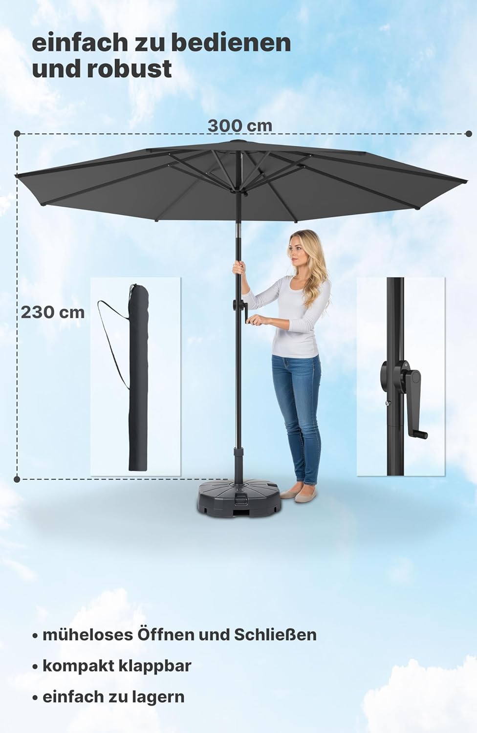4smile Sonnenschirm 300 cm, mit Kurbel – grosser Sonnenschirm Balkon für die Terrasse, mit UV 50+ Sc