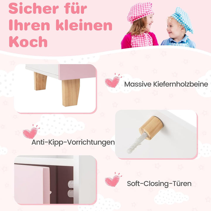 DREAMADE Kinderküche Holz mit 10 TLG. Zubehör, Holzküche Kinder Küche mit Herd Dunstabzugshaube Eism
