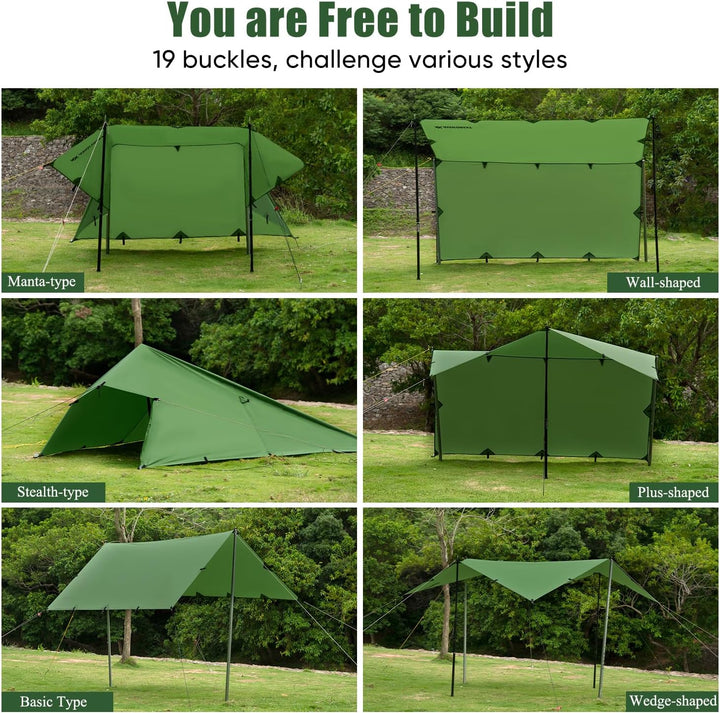 Tarp 3x3 Wasserdicht,Tarp Ultraleicht Zeltplane,Camping Zeltplane mit 19 Öse+Aluminiumstifte+Nylonse