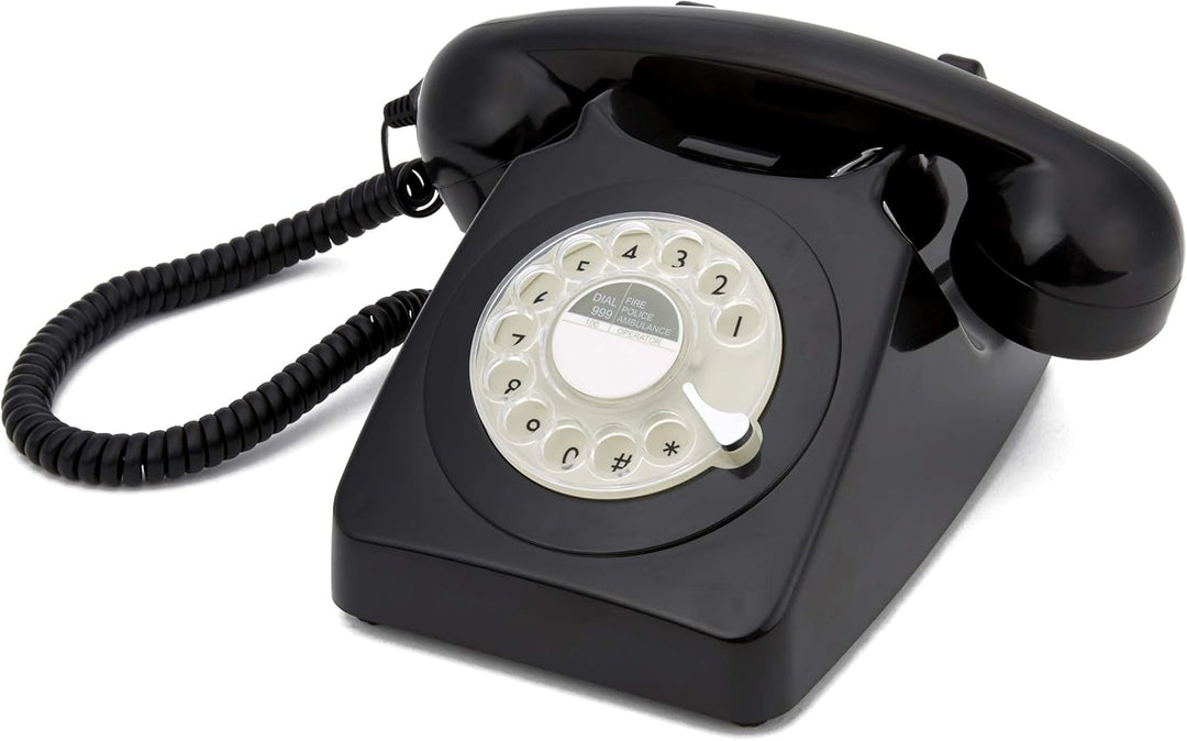 GPO 746ROTARYBLA Retro Telefon mit Wählscheibe im 70er Jahre Design Schwarz, Schwarz