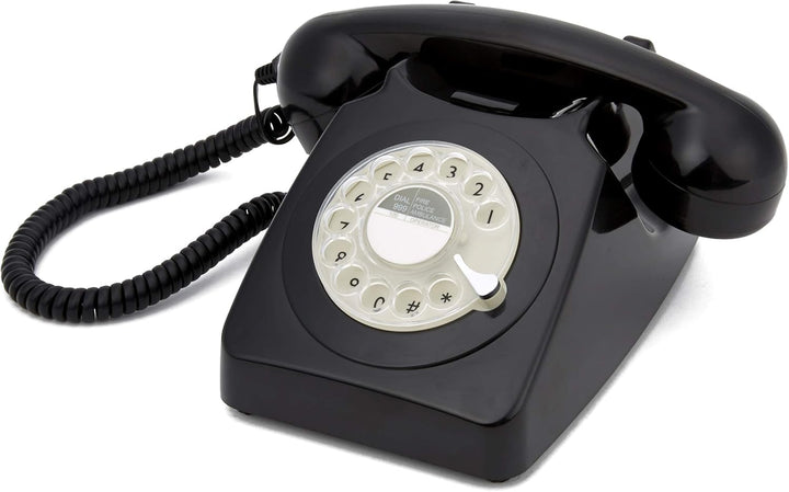 GPO 746ROTARYBLA Retro Telefon mit Wählscheibe im 70er Jahre Design Schwarz, Schwarz