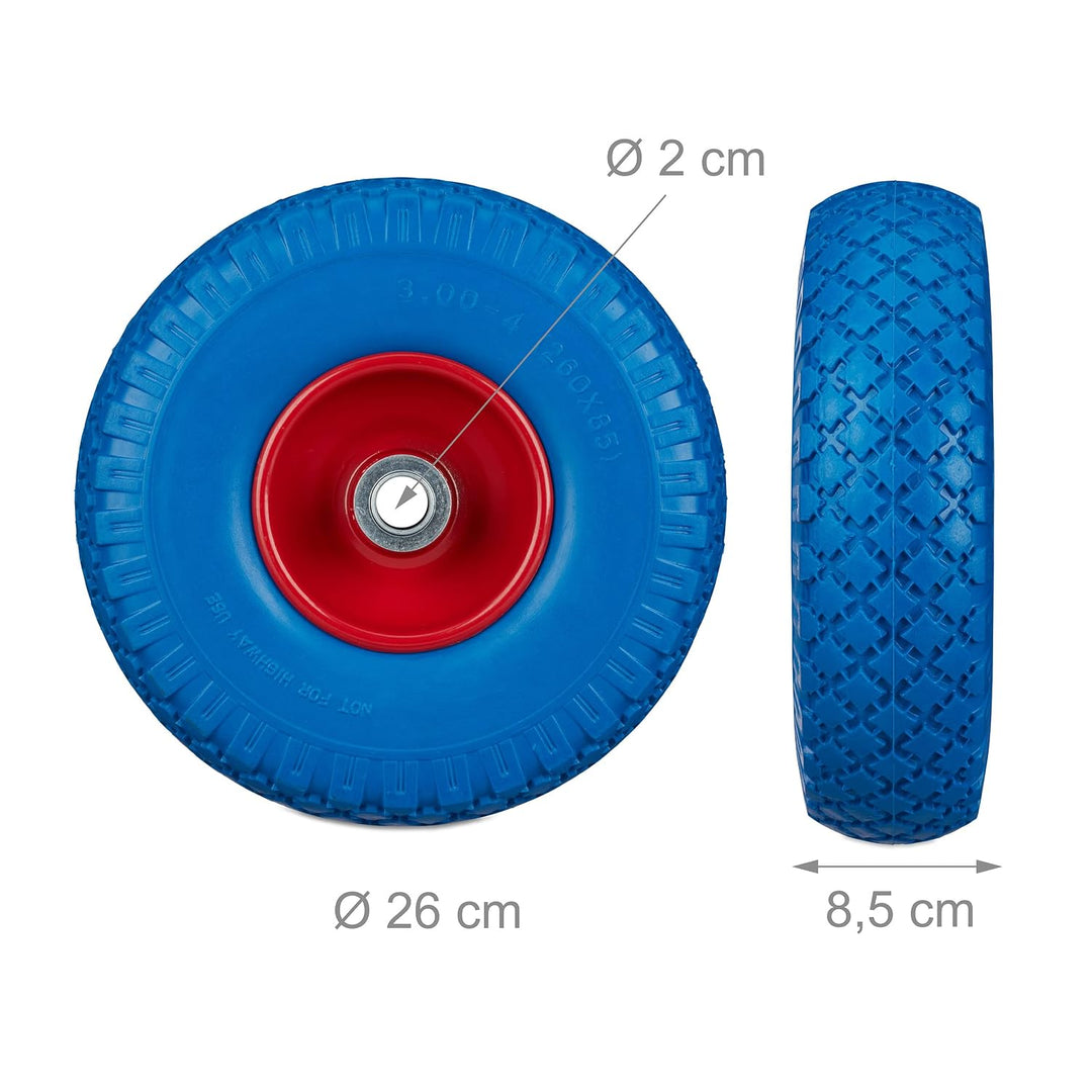 Relaxdays, blau-rot 2X Sackkarrenrad, pannensichere Vollgummireifen, 3.00-4" Stahlfelge, 20 mm Achse