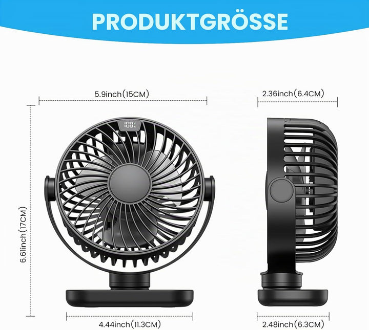 Schreibtischventilator, USB, 4 Geschwindigkeitsstufen, super leise, LED-Anzeige, 5000 mAh, Akku, Sch
