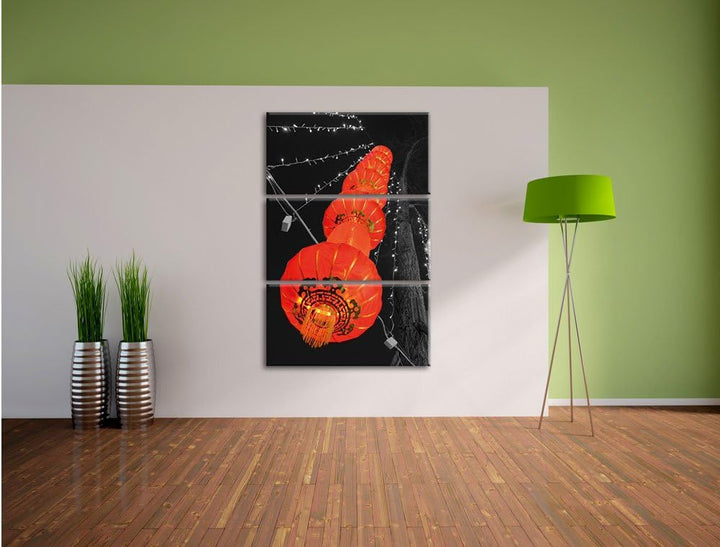 Pixxprint Klassische chinesische Lampions schwarz/weiss 3-Teiler Leinwandbild 120x80 Bild auf Leinwa
