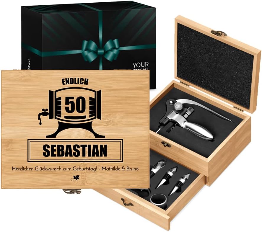 Maverton Weinöffner-Set personalisiert Weinset Sommelier Set - Geschenkbox Holzbox + 8er Weinzubehör