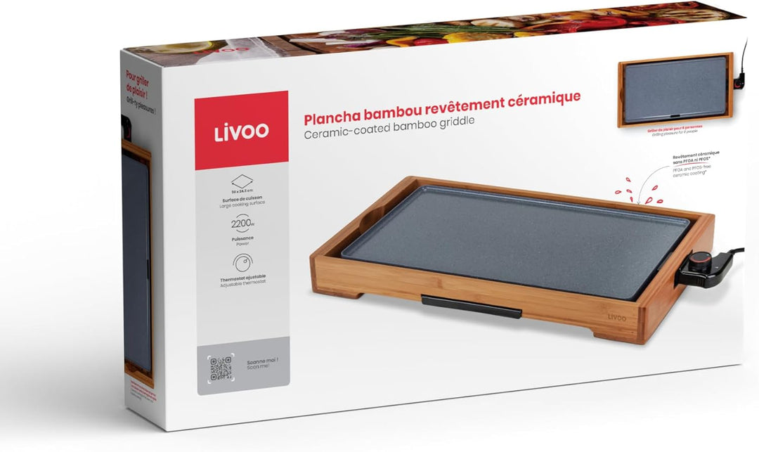 Livoo - Plancha Bambus mit Keramikbeschichtung DOC322-2200 W, 50 x 24,5 cm, ohne PFOA: PFOS, Schwarz
