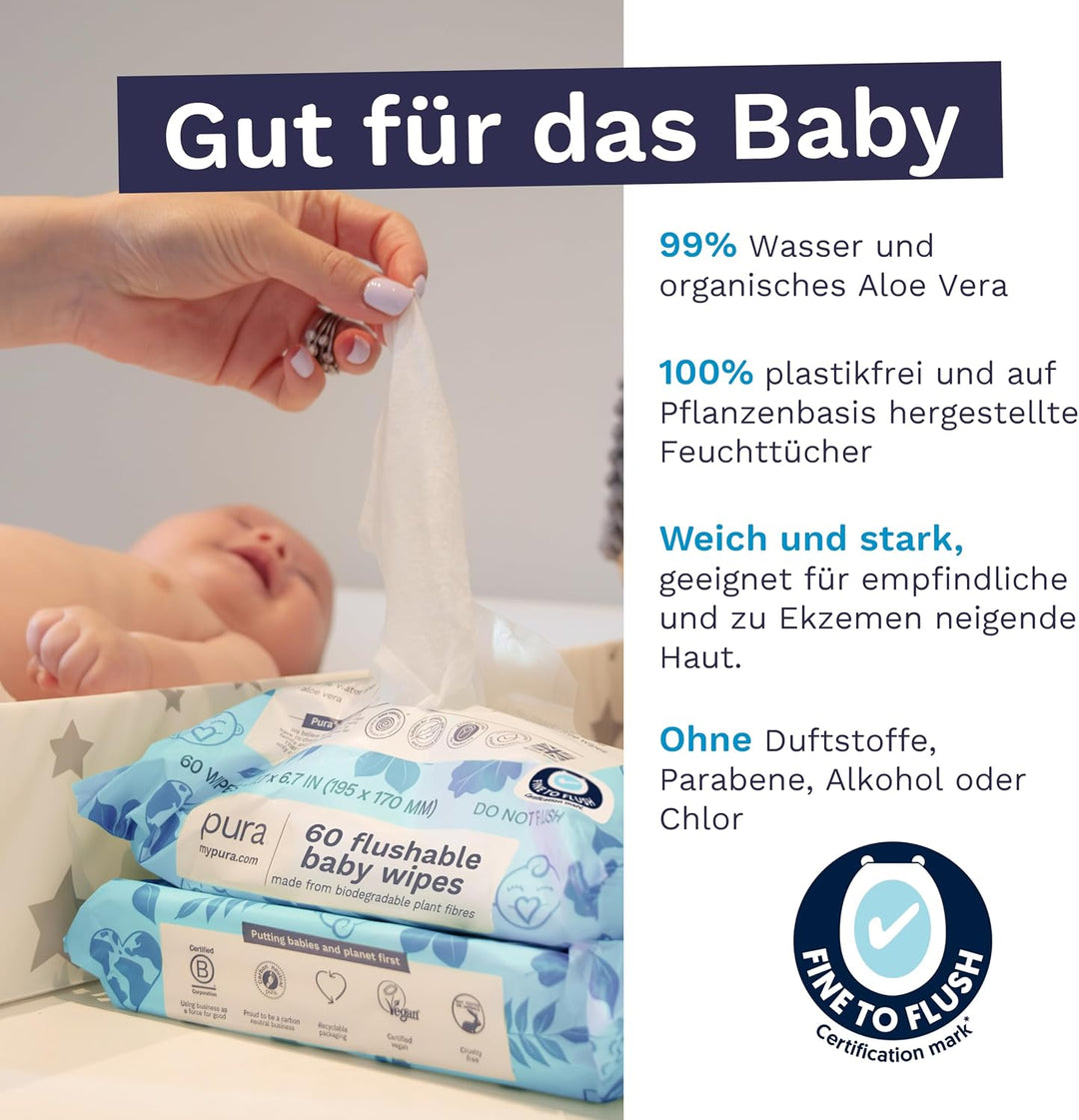 Pura Spülbare Öko-Baby-Feuchttücher für empfindliche Babyhaut, 180 Tücher (3 x 60 Tücher), 99% Wasse