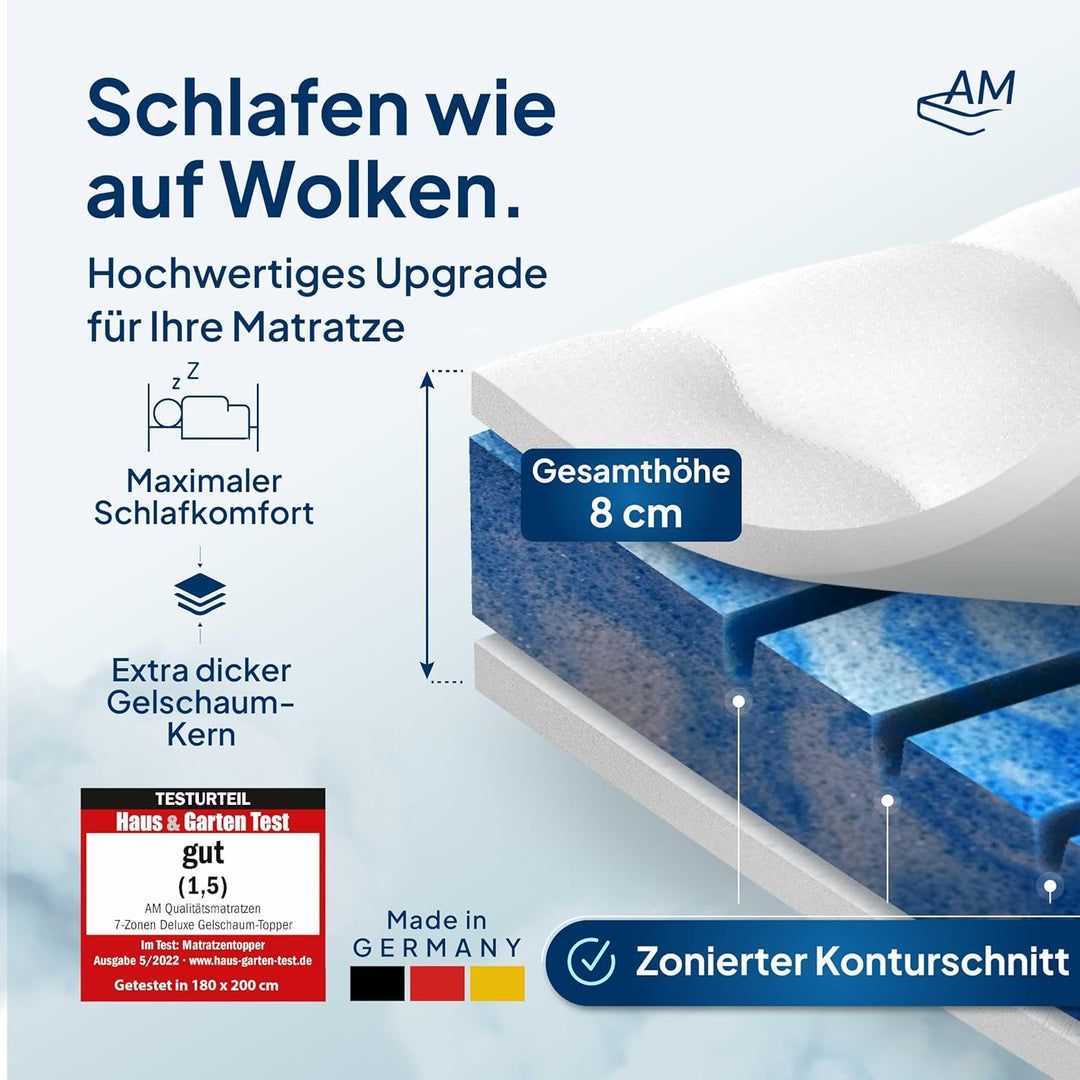 8 cm hoch - 7-Zonen Deluxe Gelschaum-Topper 80x190cm mit RG 50 - Hochwertiger Lyocell-Bezug - Antiru