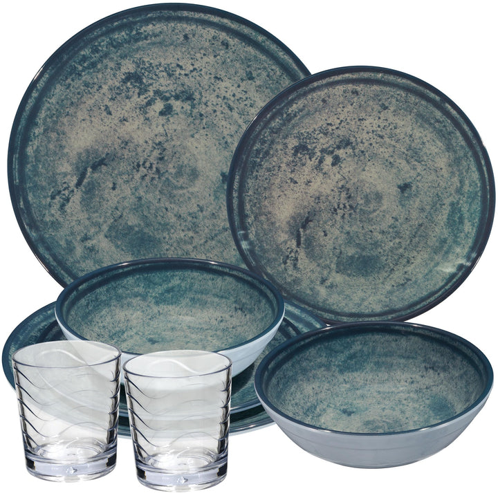 Melamin Geschirr Set Mondgranit Blau-Grau für 2 Personen Camping Picknick 8 Teile - Trinkglas 250ml