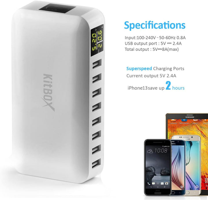 iLepo 8 Port USB A Ladegerät mit LED Anzeige,USB Netzteil Eingang 100-240V 40W 5V8A output Multi USB