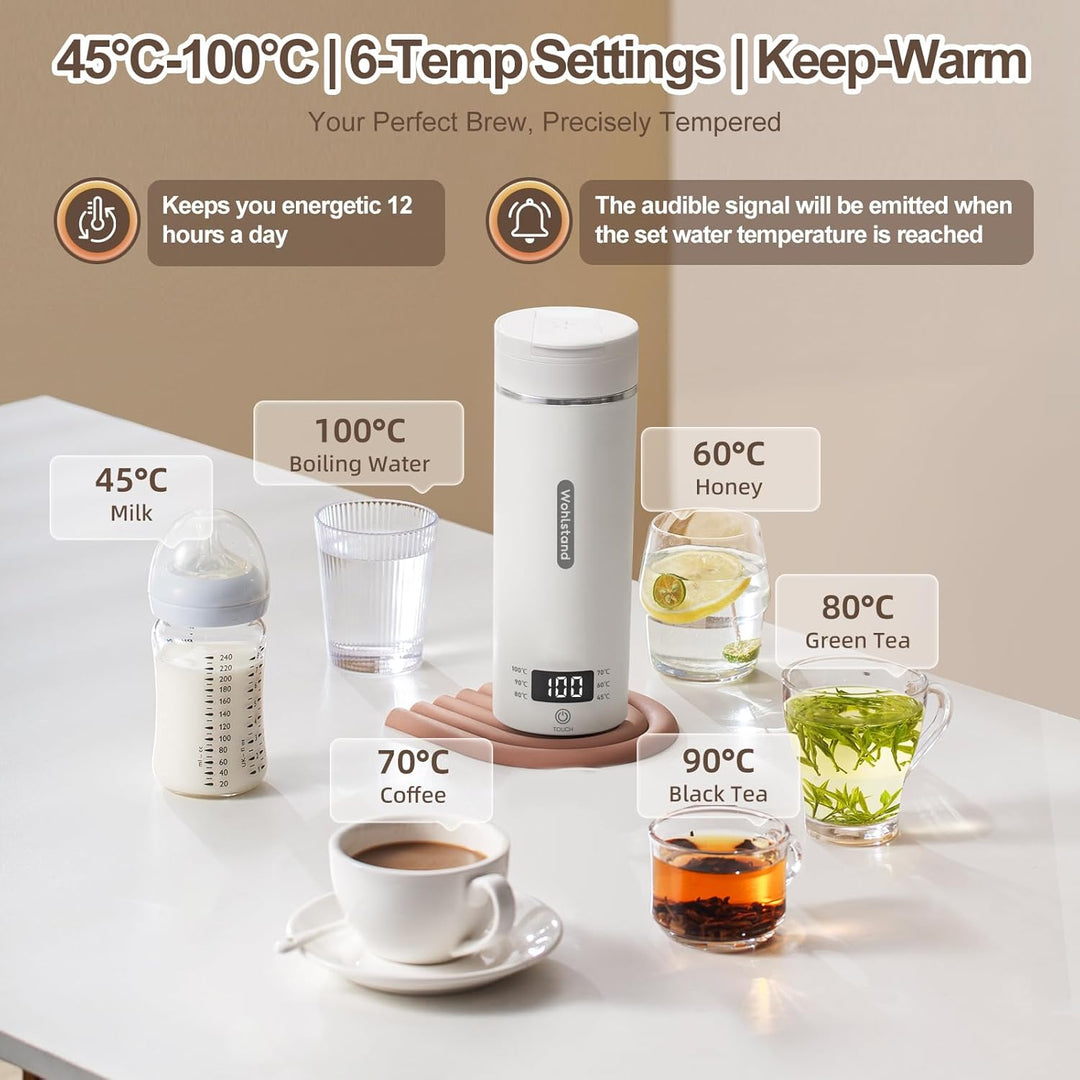 Reisewasserkocher Tragbar 500ml - Elektro-Thermobecher aus 304 Edelstahl (Weiss) - 300W Schnellaufhe
