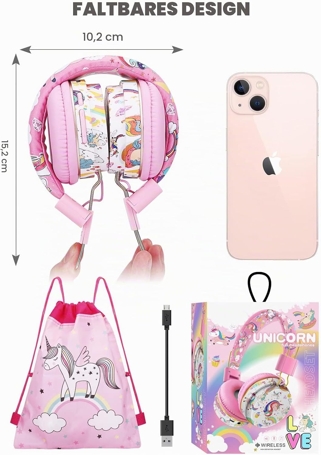 JYPS Bluetooth Kopfhörer Kinder, Einhorn Kopfhörer Kabellos Kinder mit Kabel und Mikrofon, Kids Head