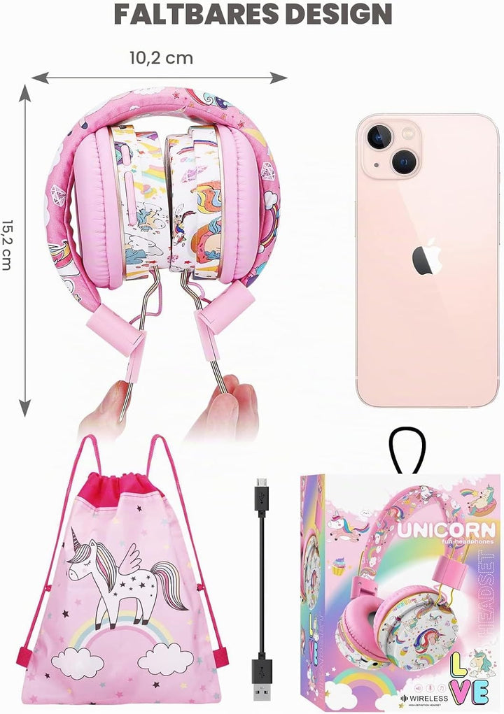 JYPS Bluetooth Kopfhörer Kinder, Einhorn Kopfhörer Kabellos Kinder mit Kabel und Mikrofon, Kids Head