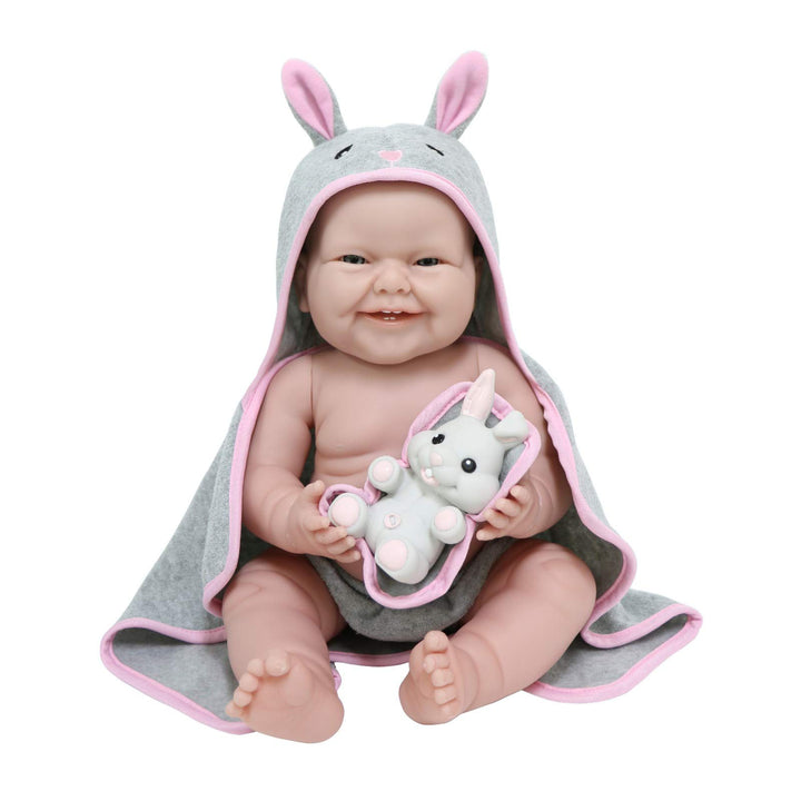 JC TOYS - La Newborn Neugeborene, 38 cm, weiches Vinyl, inkl. Handtuch mit Kapuze und Haustier, Hase