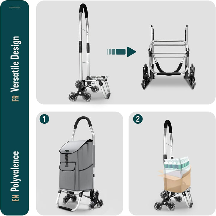 VOUNOT Aluminium Einkaufstrolley Treppensteiger, Trolly Einkaufswagen Klappbar, Hackenporsche mit 6