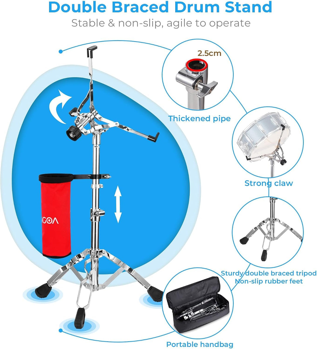 Vangoa Snare Drum Set, Student Snare Drum Kit mit Ständer, Drum Mute Pad, 5A Drum Sticks, Drum Keys,