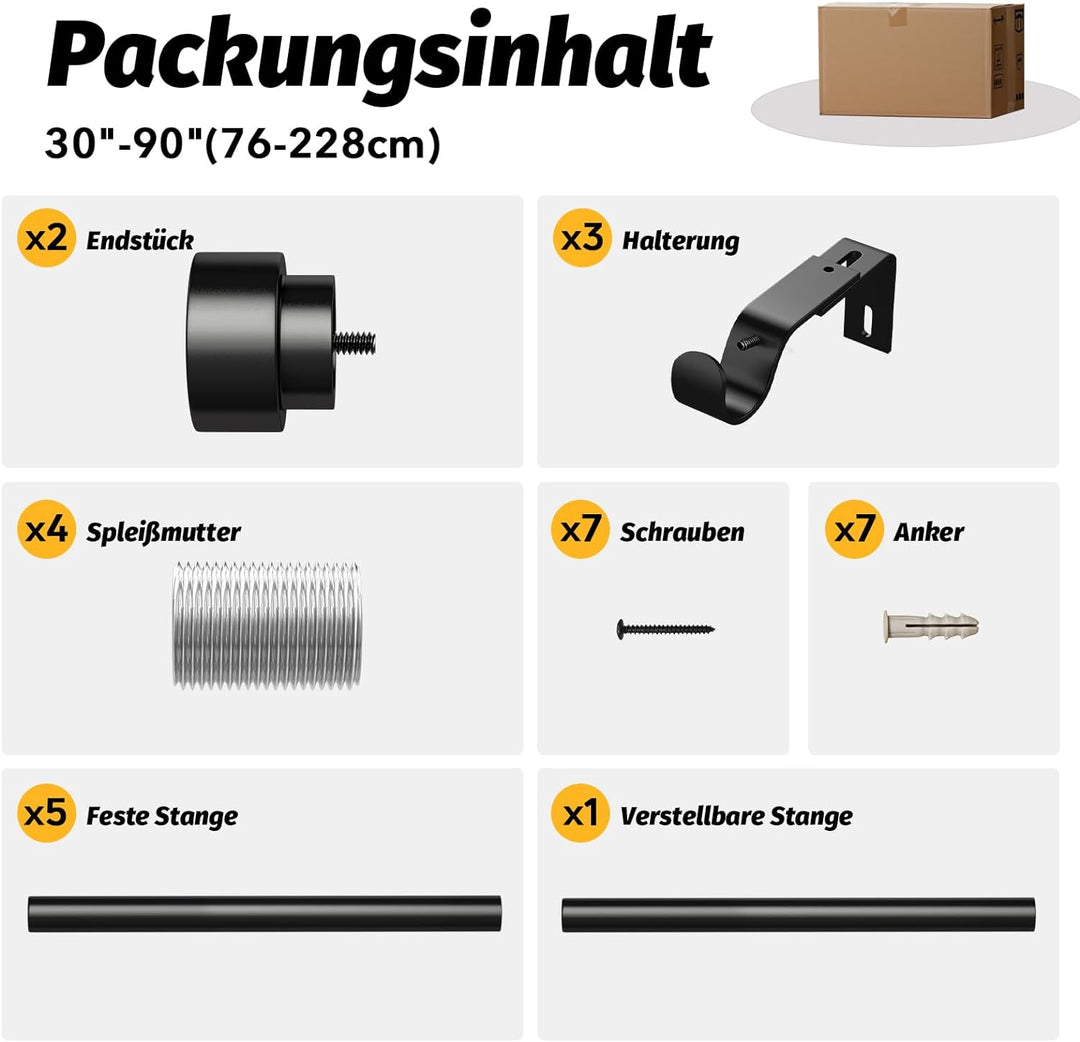 Schwarz Vorhangstange Ausziehbar Gardinenstange Curtain Rod Gardinenstangen für Fenster Outdoor (Sch