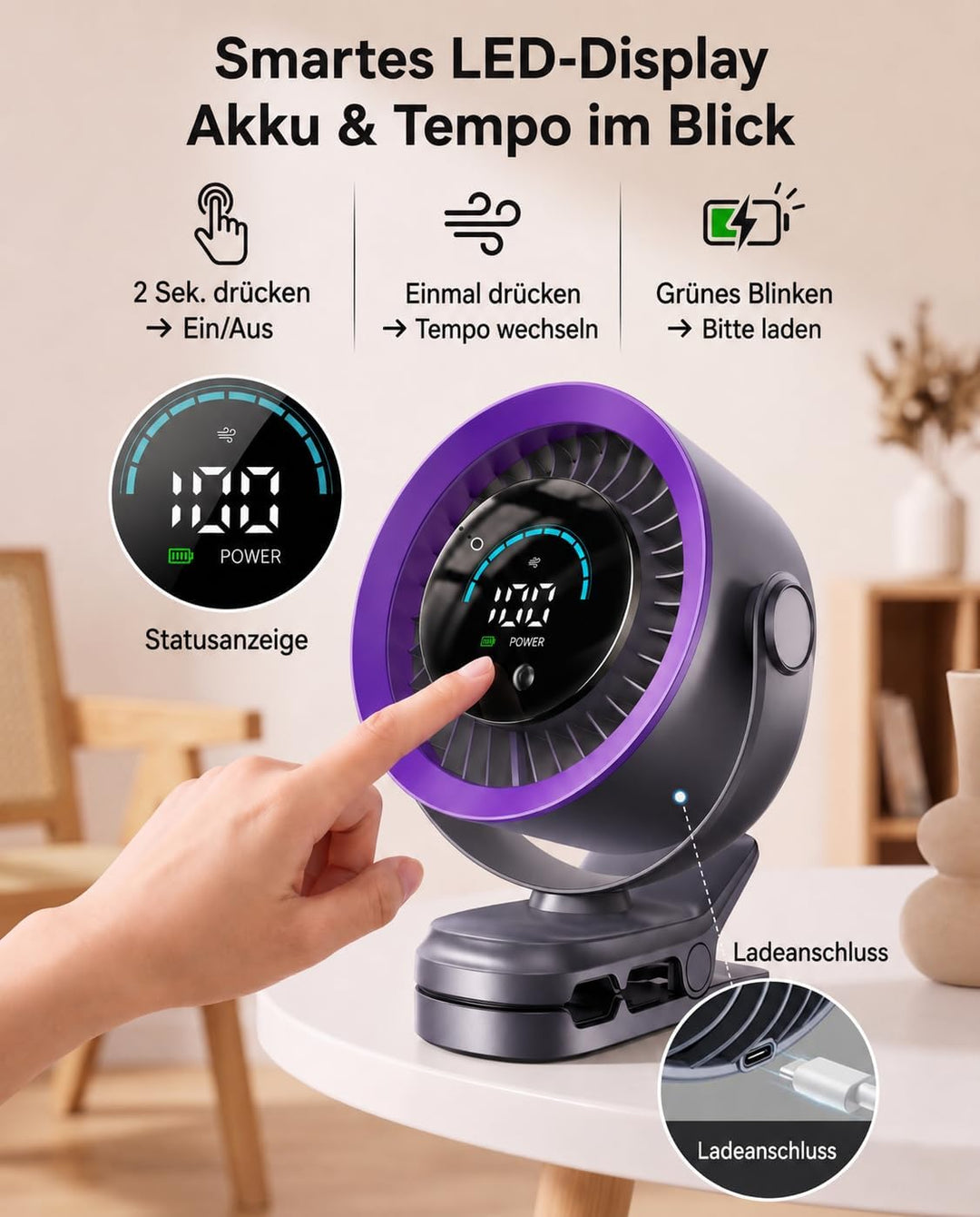 Clip Ventilator Akku, Mini Ventilator mit Klemme, Tragbarer Ventilator Klein mit 100 Stufen, USB Tis