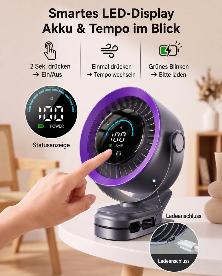 Clip Ventilator Akku, Mini Ventilator mit Klemme, Tragbarer Ventilator Klein mit 100 Stufen, USB Tis