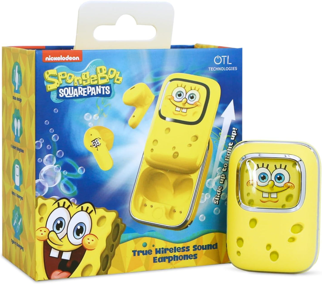 OTL Technologies Kabellose Kopfhörer Spongebob Schwammkopf mit verschiebbarer Ladebox und LED-Sponge